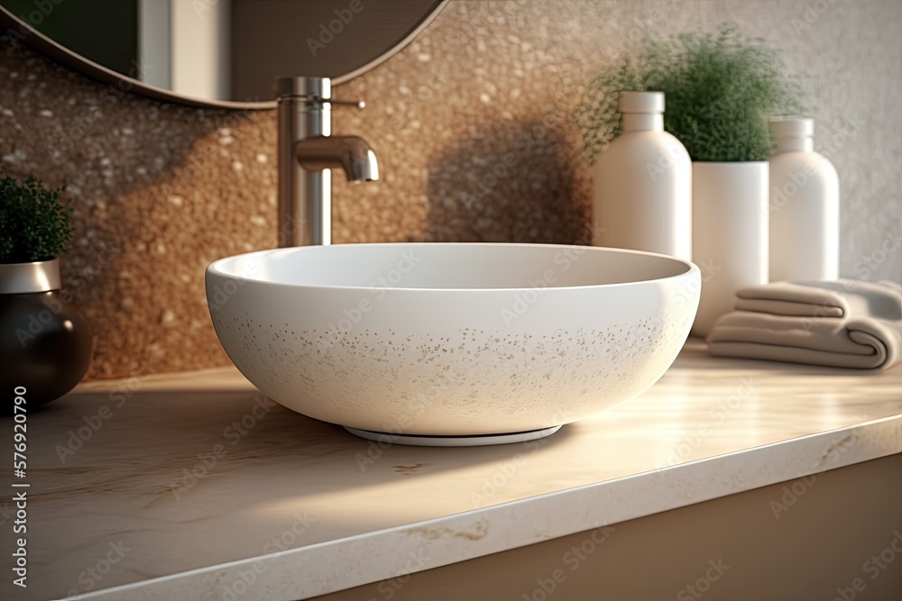 Empty white ceramic porcelain vessel sink with faucet in the morning light against a granite wall in