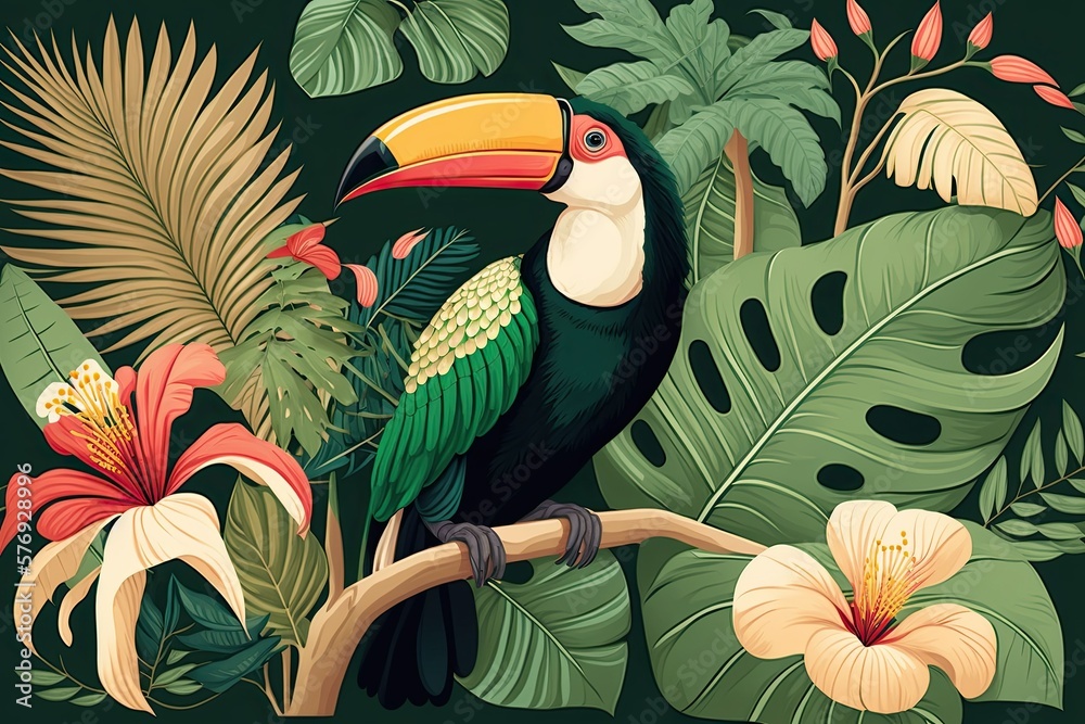 Pattern of a toucan, tropical flowers, and palm trees. Generative AI