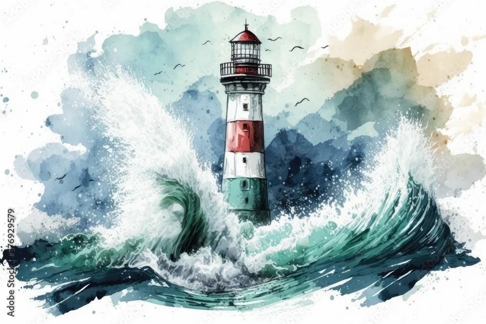 The image is a watercolor depiction of a lighthouse in a stormy blue sea with white sea foam and spl