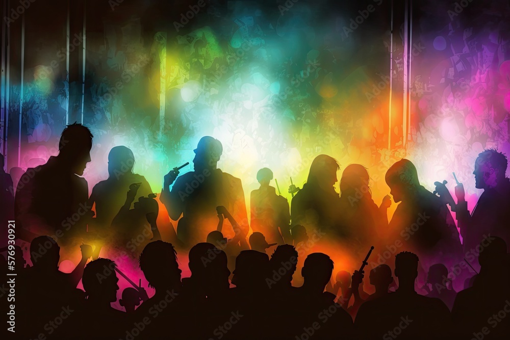 crowd silhouettes against the stage lights. Generative AI