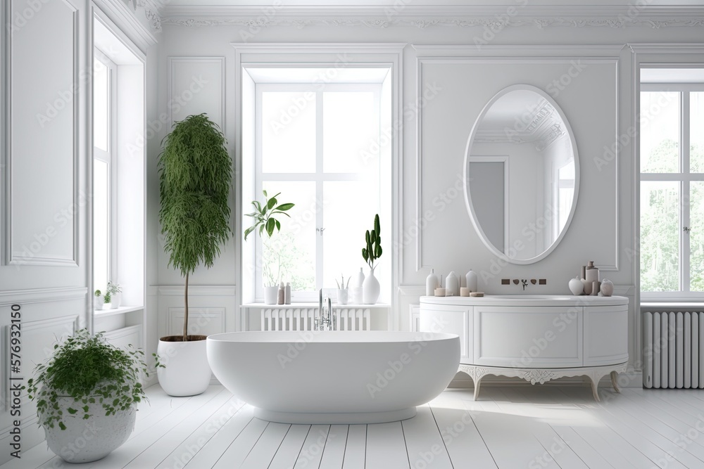 White walls, a hardwood floor, a bathtub, some dry plants, a white sink on a wooden countertop, and 