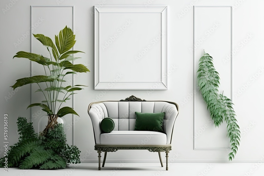 An interior wall mockup of a living area, featuring a green sofa and a plant against a white backgro