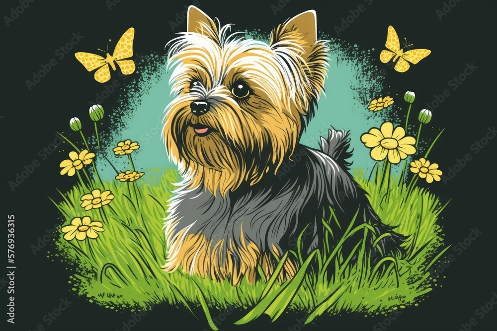 Picturesque Yorkshire terrier enjoying a sunny spring day in the meadow with pretty dandelions. Gene