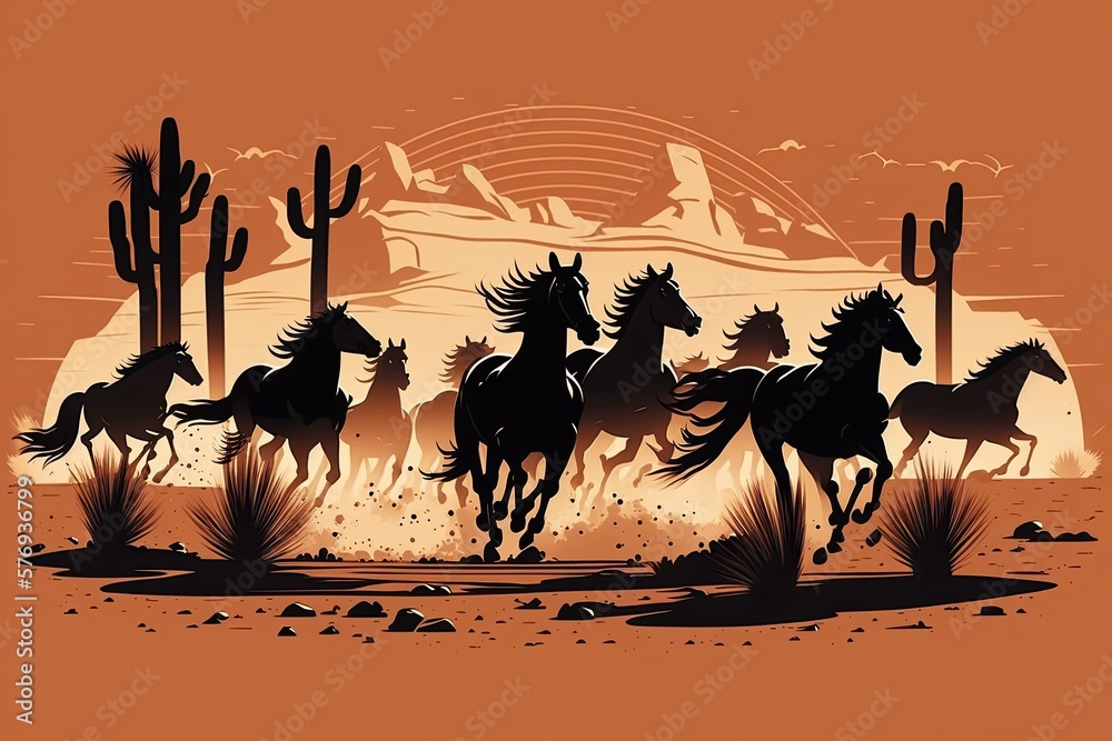 A herd of horses fleeing a sandstorm in the desert. Generative AI