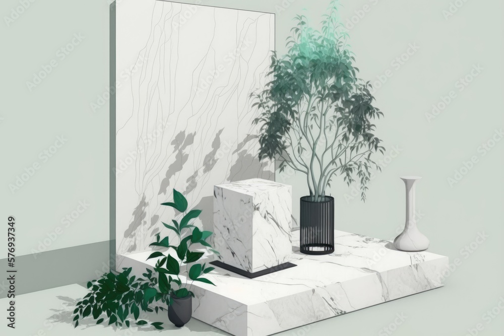 Unique spa product presentation layout. A marble slab pedestal holds a green leafy branch against a 