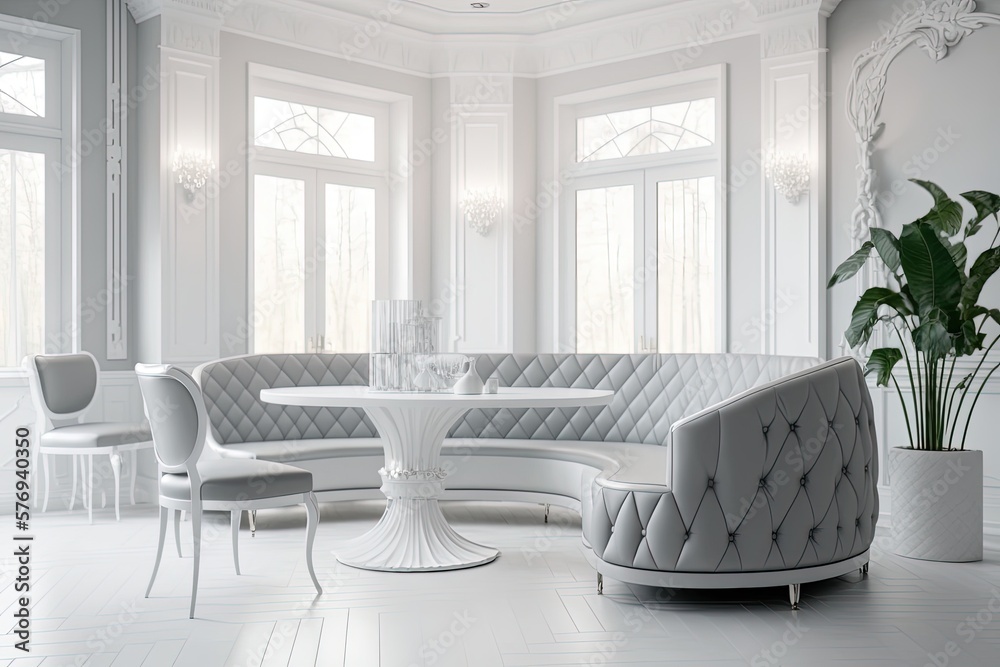 Glamorous white and gray living room with a quilted corner sofa and a glass dining table. Generative