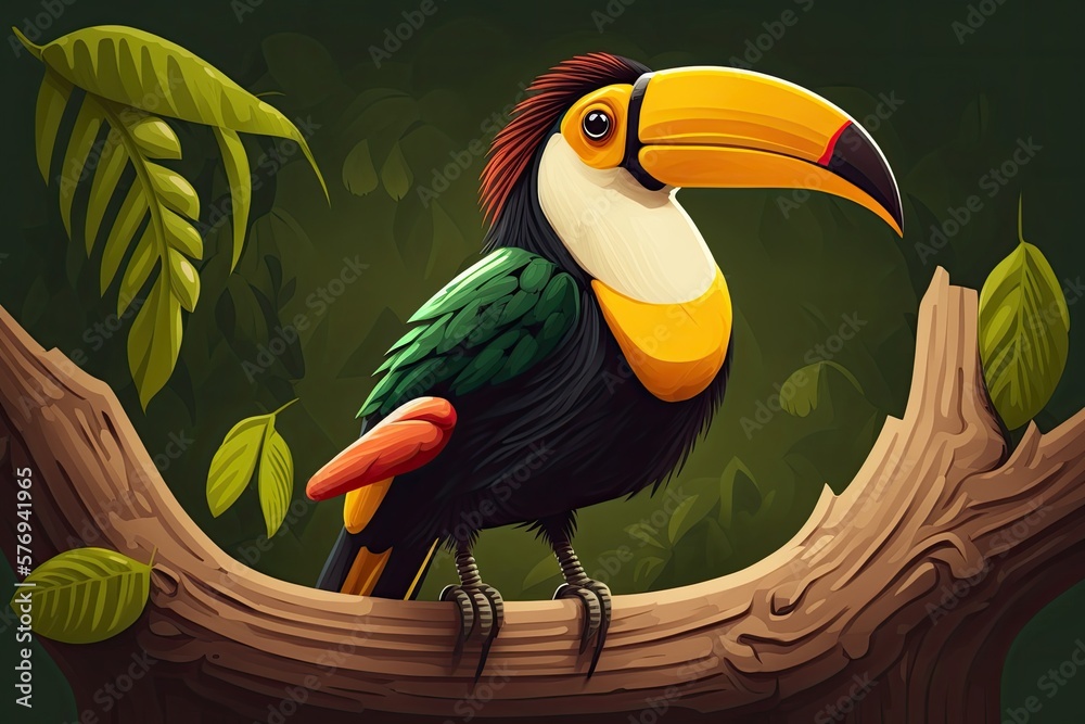 a wild toucan with its distinctive plate shaped bill resting on a tree limb. Generative AI