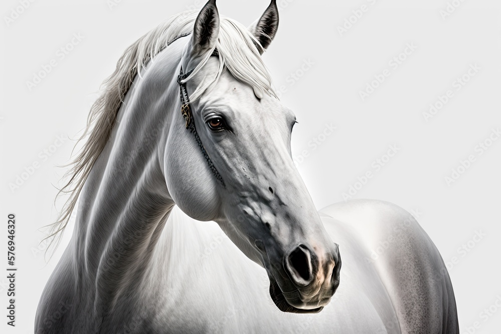 A close up of a white horse against a white background. Generative AI