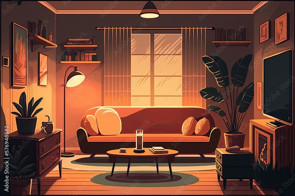 Retro Illustration of a Warm and Inviting Living Room in a Modern Minimalist House with Dimmed Light