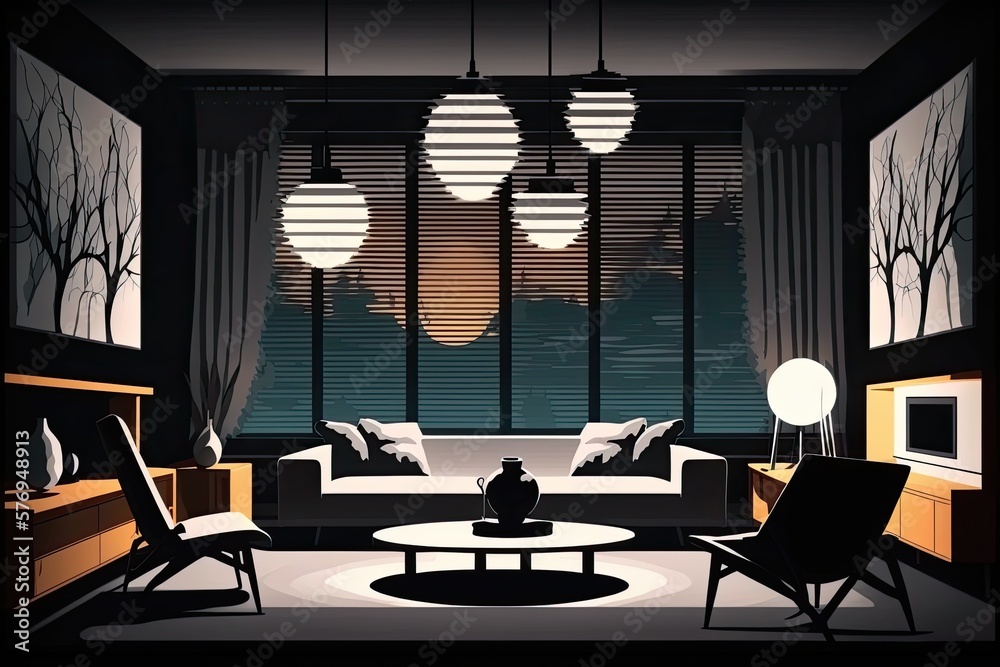 Mockup of a modern, dark living room decorated for the evening with lamps. Generative AI