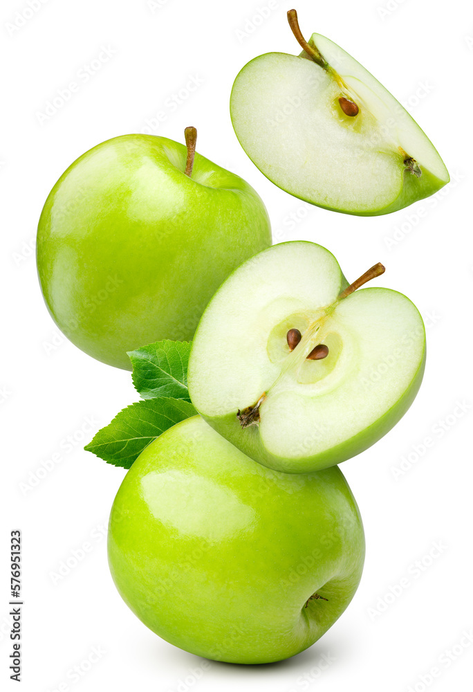 Green apple isolated. Whole, half and apple slice flying on white background. Green apples with leav