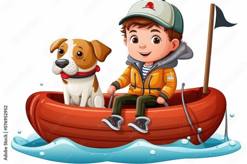 Young lad and his pup fishing in an inflatable boat. Generative AI