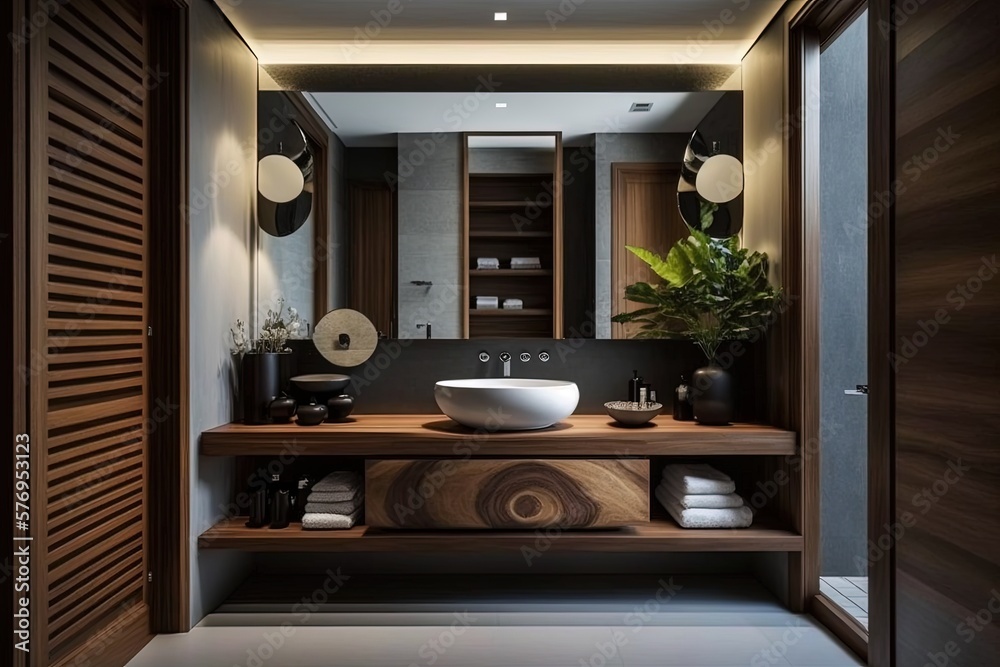 We see the sink, the mirror, and the towel up close in a bathroom. A piece of wood is used as a deco