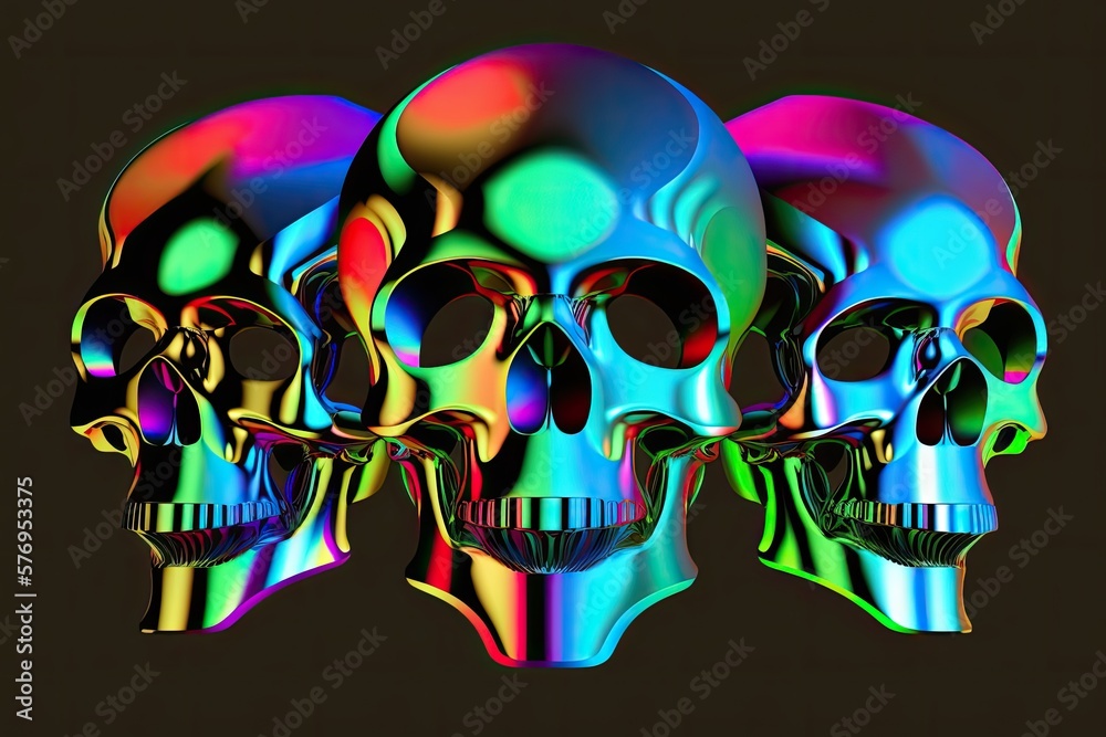 Three merged black shining metallic skulls are depicted in an abstract illustration in the vaporwave