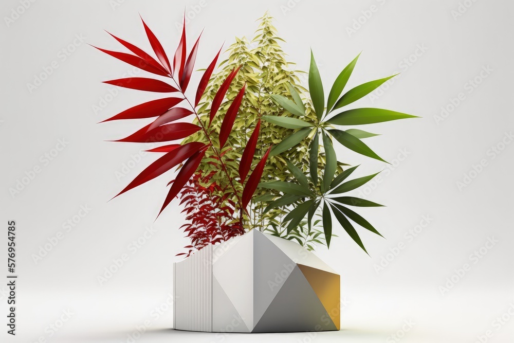 Bamboo leaves adorn a white pedestal that holds merchandise. Generative AI