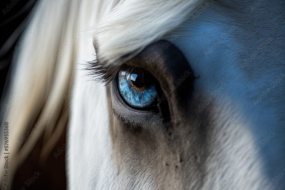 This close up shows the head of a relaxed horse. Photographic macro of a horses eye. Wild stallion 