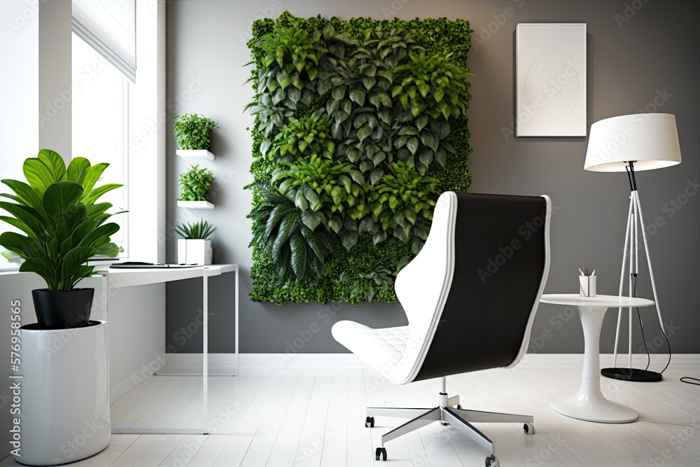 Plants and furniture arranged to resemble a living wall are used in this interior design. Generative