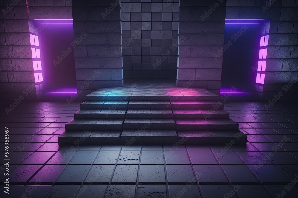 Grungy, futuristic, brick, neon, empty dance floor, purple, pink, blue Step Down Nightclub in the Fu