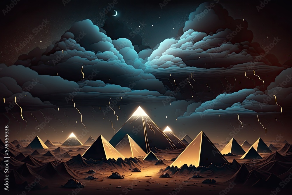 Egyptian pyramids in the middle of the desert at night in a fantastical future setting. Darkness, st