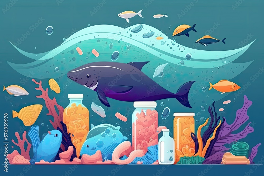 Marine life and plastic waste. Seafood is tainted by microplastics. Generative AI