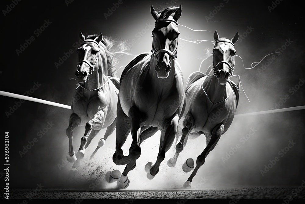 Towards the finish line, a pack of racehorses sprints. Generative AI