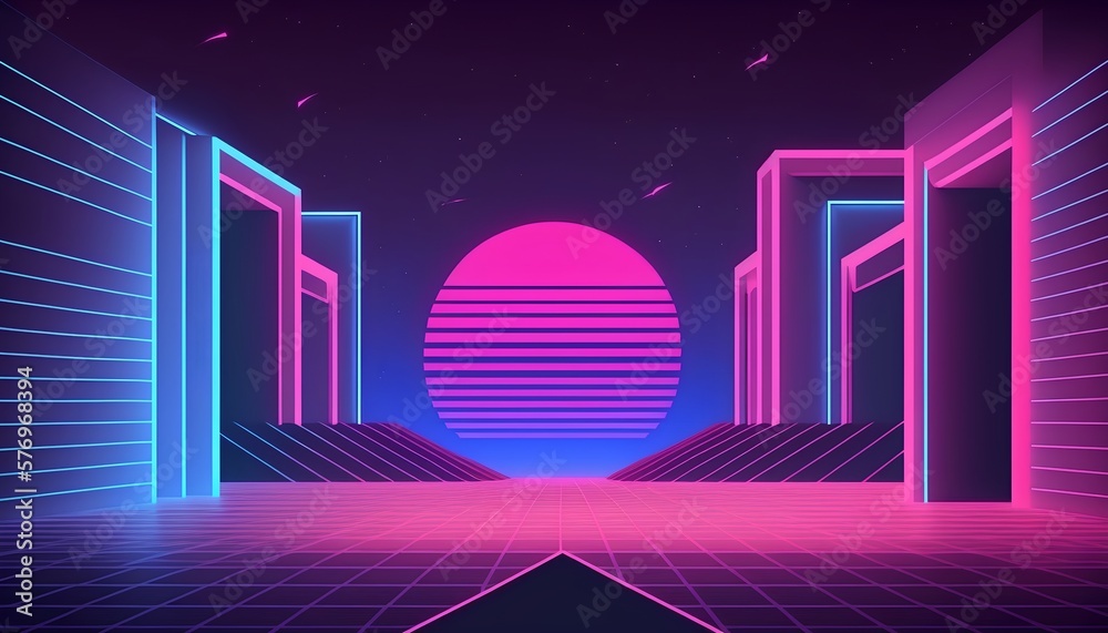 This vibrant fashion stock image features a futuristic, vaporwave inspired look with pink and neon a