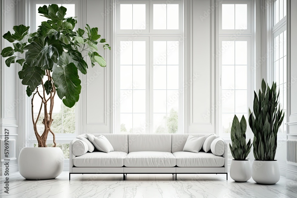 Modern white sofa in a chic white living room. Placement of a houseplant in a container. There are a