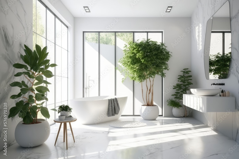 Stunning frontal view of a contemporary master bathroom with white marble walls, a freestanding tub,