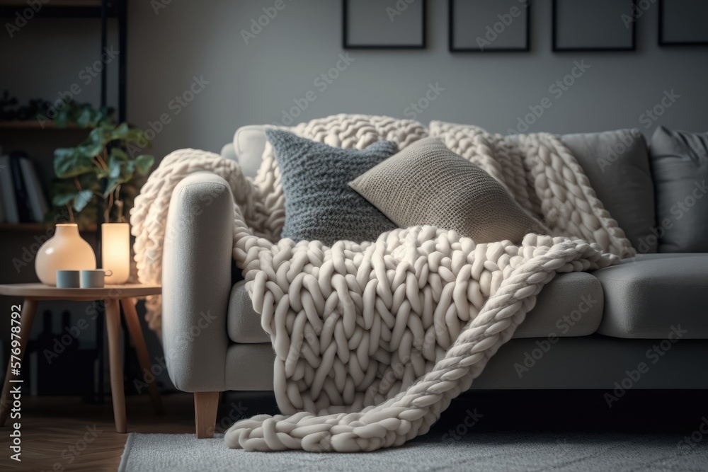 Knitted blanket on soft sofa in cozy living room. Generative AI