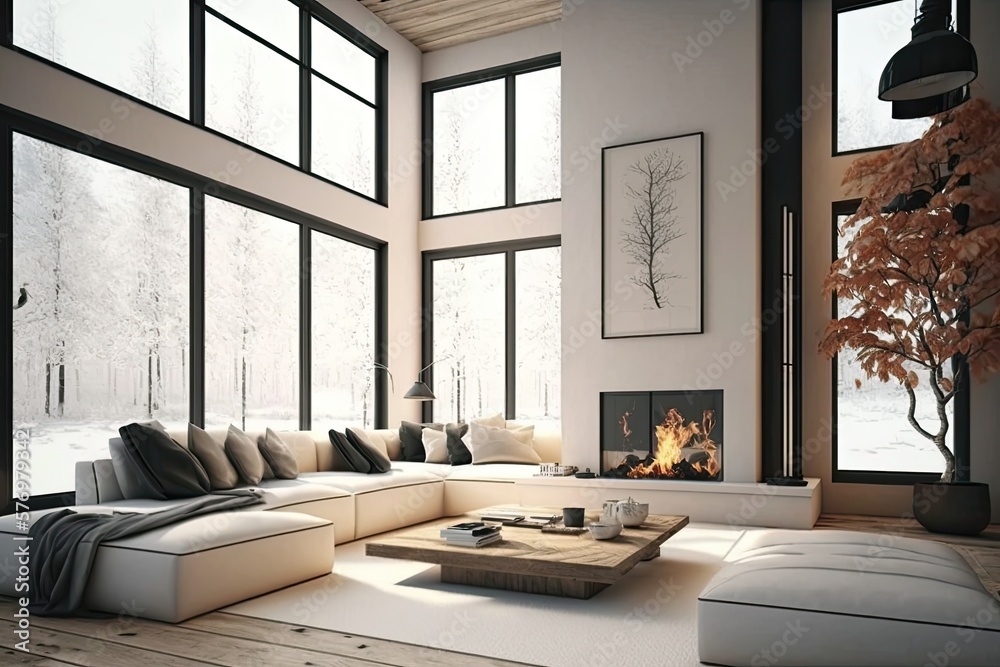 Modern living room with a neutral sofa, a glass coffee table, and a fireplace. The living area is we