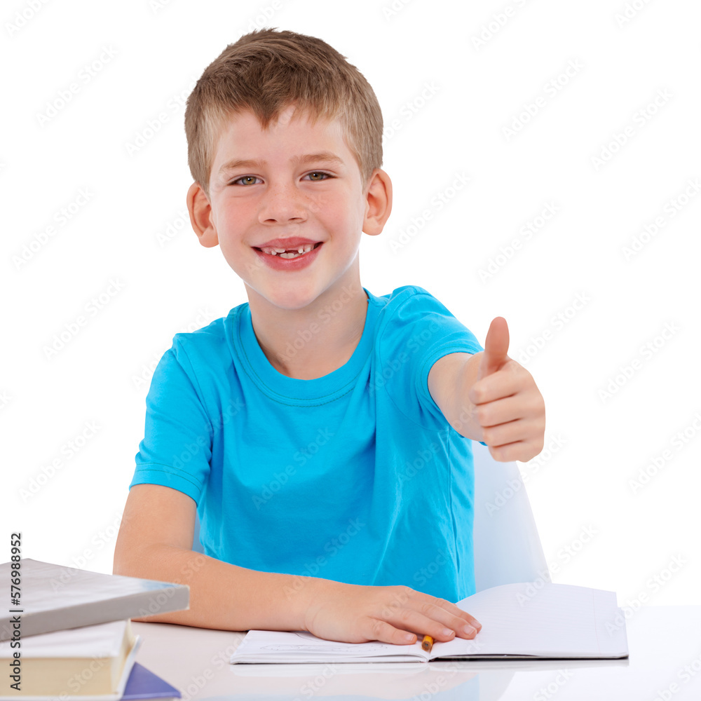 An intelligent and hardworking young boy gives a thumbs up as a sign of confirmation, acknowledgemen