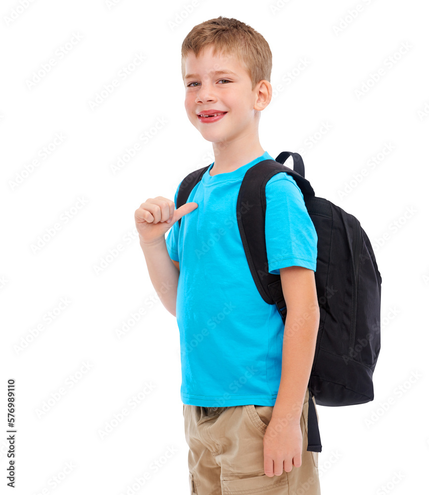 A young boy dressed in a cool and casual outfit for back-to-school, smiles and points to himself whi