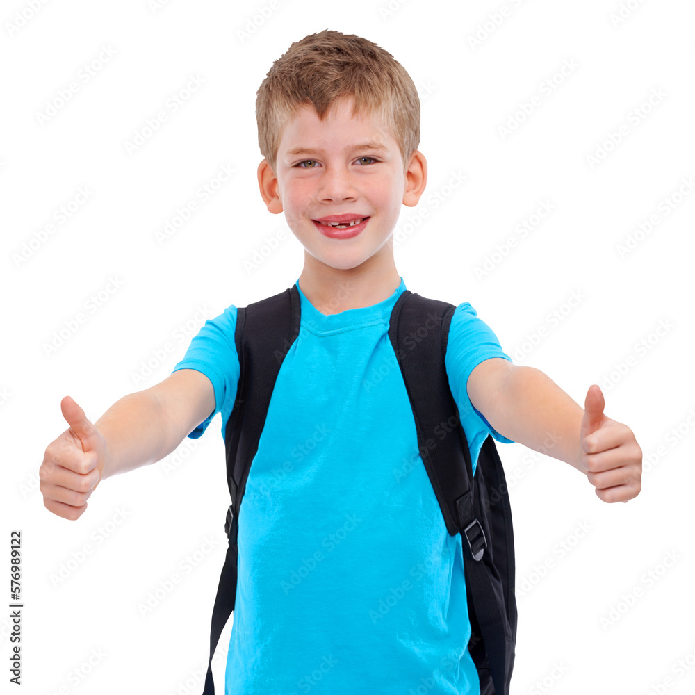 A cheerful young boy gives a thumbs-up sign, indicating his motivation and approval for school educa