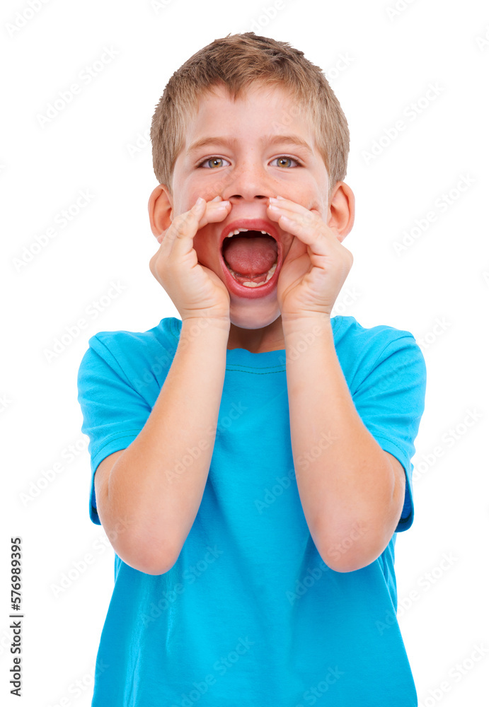 A young boy expressing his emotions with a loud shout or a dramatic pose, with hands on his face and