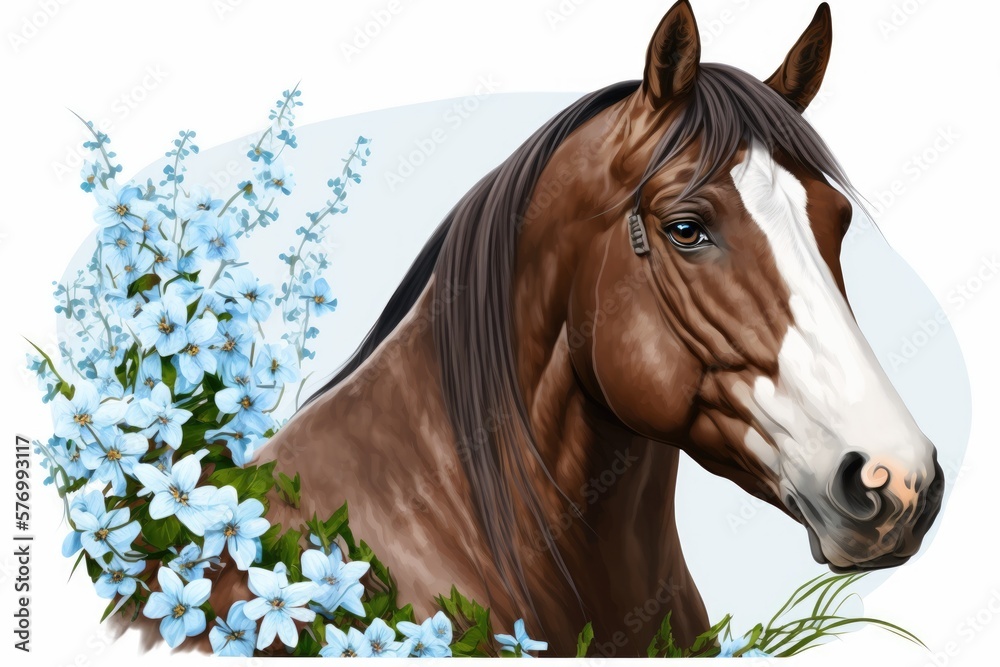 Posing on a bed of blue flowers, a brown horse looks handsome in this portrait. Generative AI