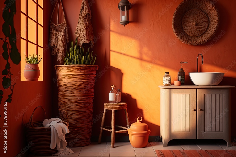 The bathroom is decorated in the local style with an orange wall and a rattan light on the floor nex