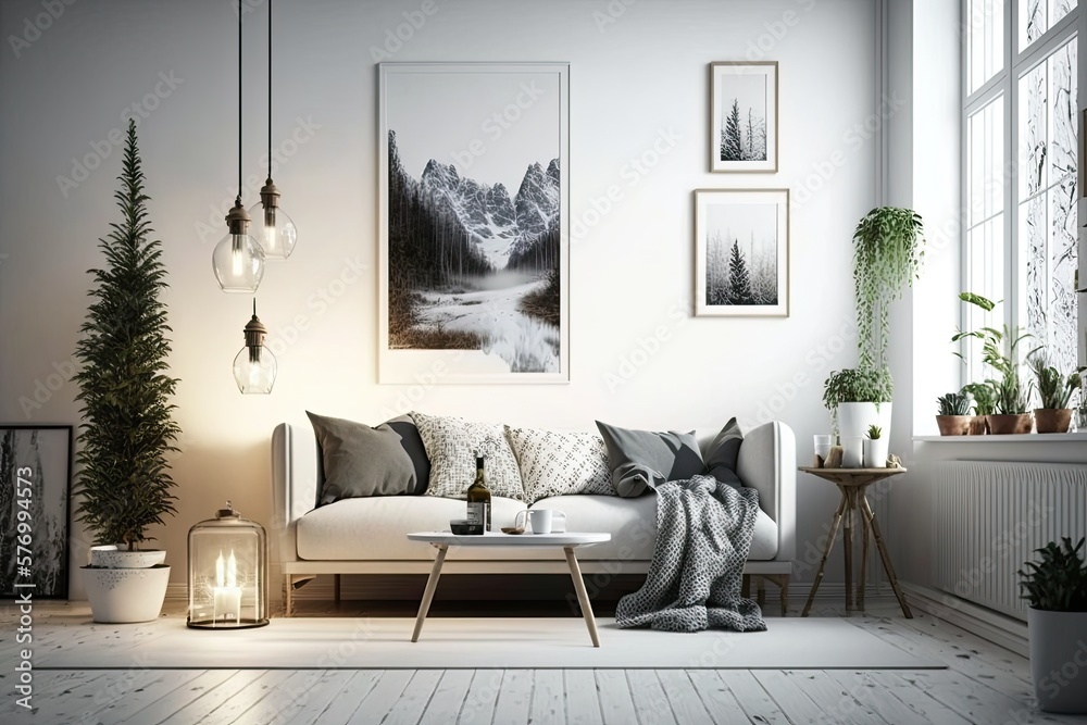 A contemporary home with a sofa and a table light. example of scandinavian interior design. Generati