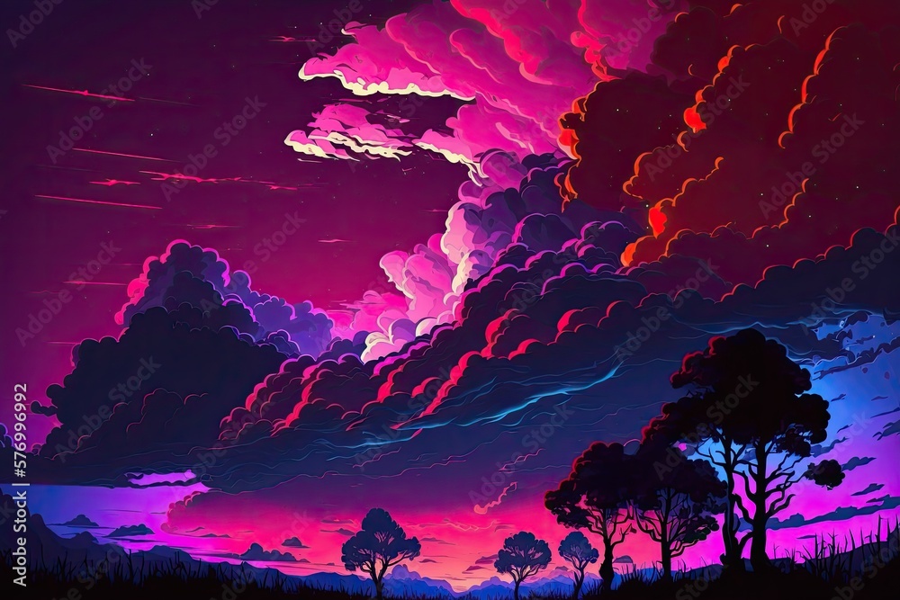 Blackout. The clouds were a vivid shade of purple and magenta. Sad gloomy clouds. Sad sunset landsca