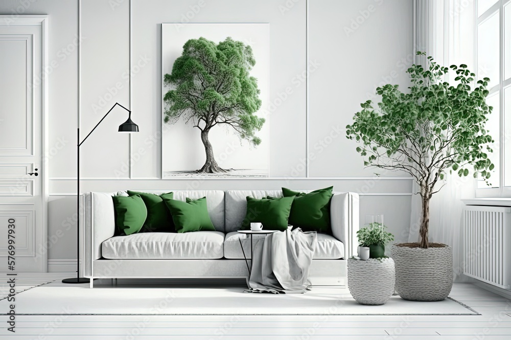 Mockup of a classic living area with a grey sofa and green throw pillows, an olive tree in a wicker 