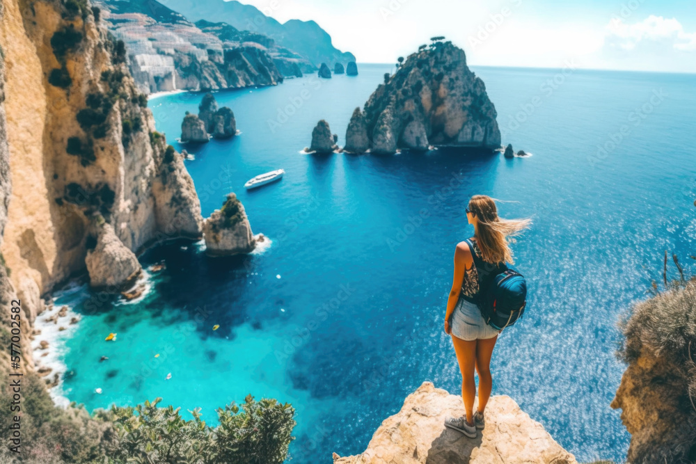 Summer traveler woman standing on a Cliff Overlooking a Mediterranean Beach AI Generative