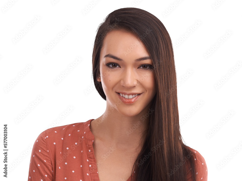 A beautiful young woman or an attractive female model in casual smiling in confidence with long hair