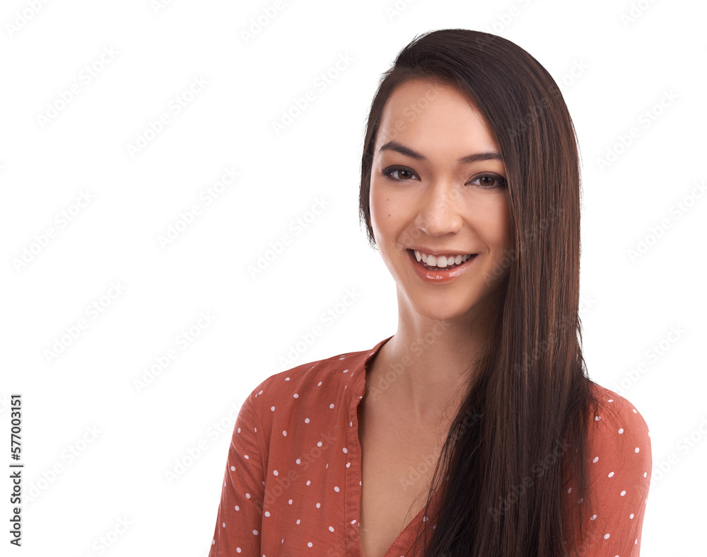 A headshot of a happy Asian female model face or a woman with natural makeup, glowing facial skincar