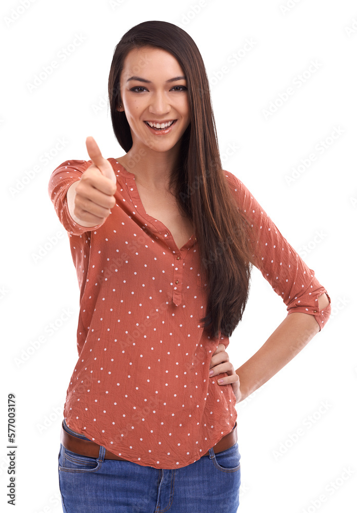 A beautiful young female model smiling and giving a thumbs up sign with confidence as an approval, a