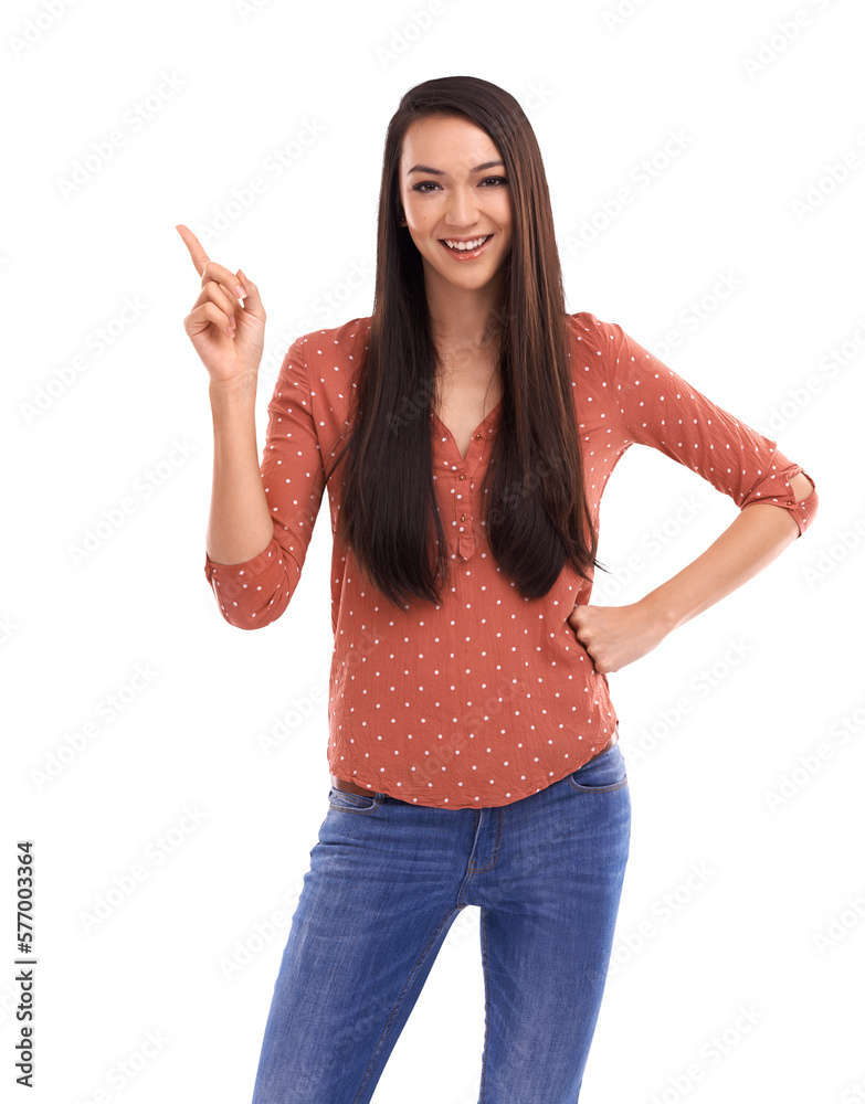 A happy woman pointing at copy space for advertising, sales, or promotion announcement or an Asian m