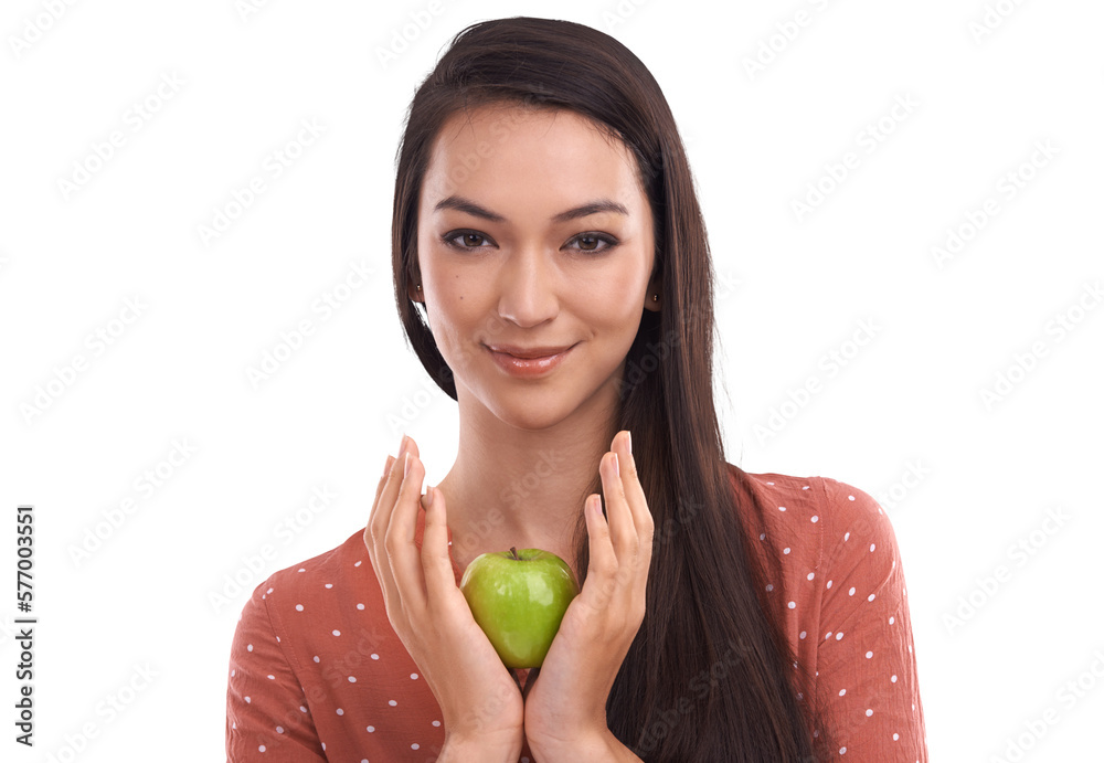 A happy female nutritionist with an apple or a healthy vegan girl with fruit products for a weight l