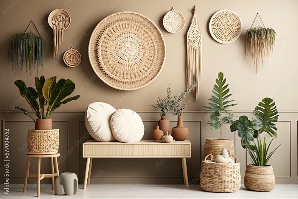 Beige room with natural wooden furniture, green plant, and rattan basket in Boho Scandinavian style 