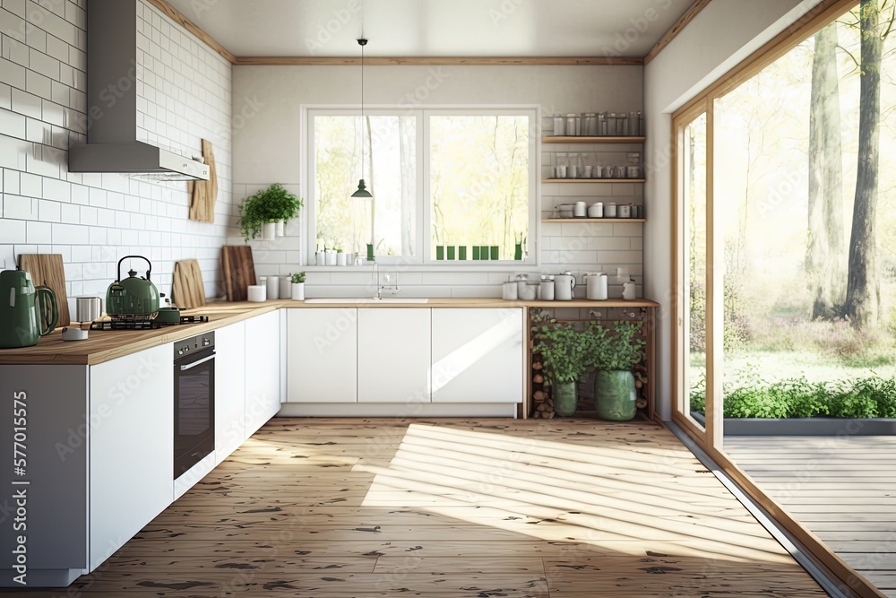 A beautiful, realistic morning in a contemporary kitchen with windows, natural light, the shadow of 