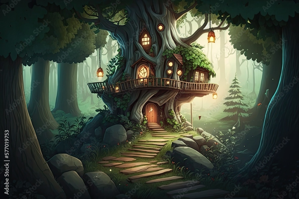 Tree house on the edge of a stone path in a magical forest. Generative AI