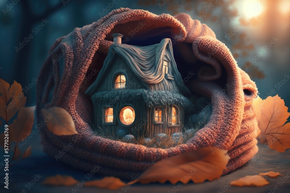 A cozy, eco friendly dwelling wrapped in a warm scarf. Concept. Generative AI