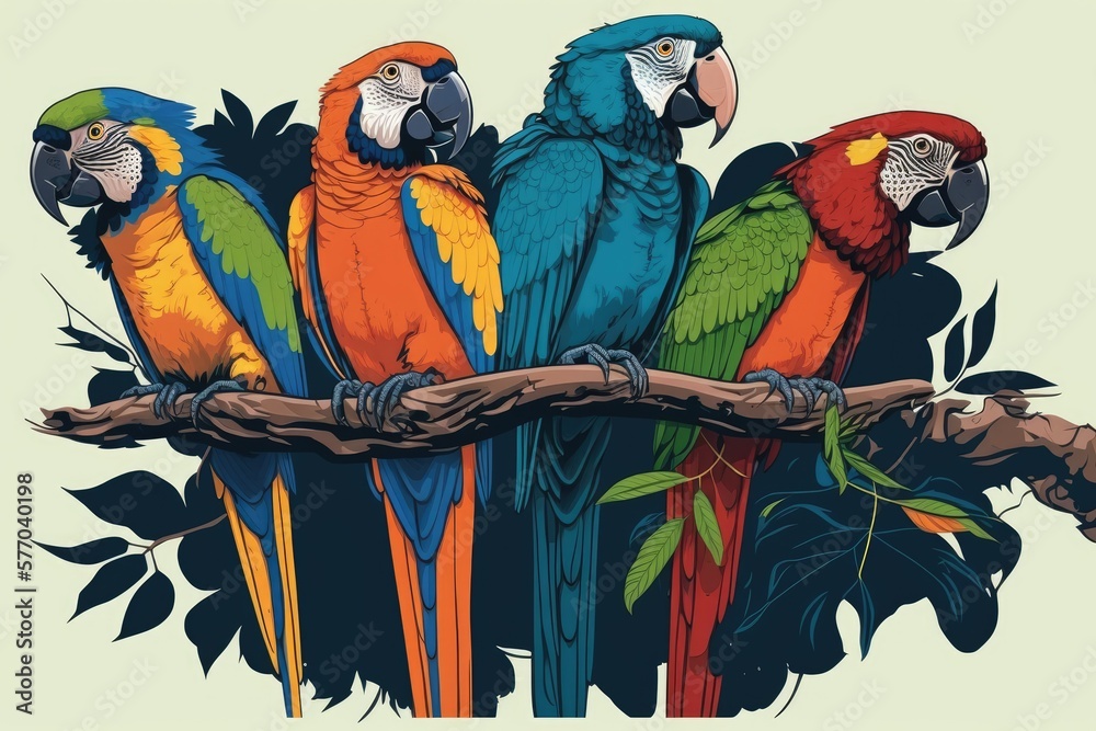 Macaw parrots of various colors showing love in Pantanal, Brazil. Generative AI